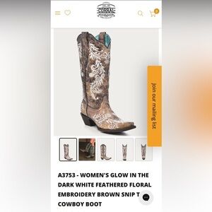 WOMEN'S DARK WHITE FEATHERED FLORAL EMBROIDERY BROWN SNIP TOE COWBOY BOOT